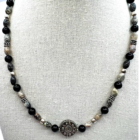 Black Agate & Picasso Stone Necklace With Tribal Sun Pendant - Picture 1 of 7